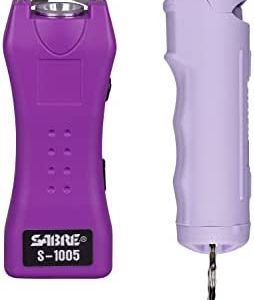 SABRE Pepper Spray and Stun Gun Multi-Range Protection Pack, 25 Bursts, 10-Foot (3 Meter) Range, Ergonomic Finger Grip, Flip Top Safety, Key Ring, Painful 1.60 μC Charge, 120 Lumen Flashlight, Compact