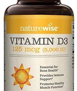 NatureWise Vitamin D3 5000iu (125 mcg) 1 Year Supply for Healthy Muscle Function, and Immune Support, Non-GMO, Gluten Free in Cold-Pressed Olive Oil, Packaging Vary ( Mini Softgel), 360 Count