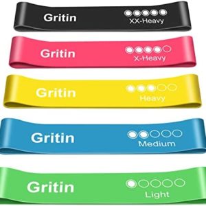 Gritin Resistance Bands, [Set of 5] Skin-Friendly Resistance Fitness Exercise Loop Bands with 5 Different Resistance Levels - Carrying Case Included - Ideal for Home, Gym, Yoga, Training