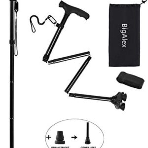BigAlex Folding Walking Cane with LED Light,Pivoting Quad Base,Adjustable Walking Stick with Carrying Bag for Man/Woman