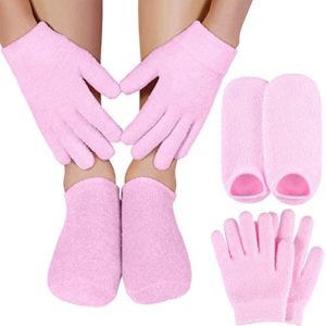 Fatuxz Moisturizing Gel Spa Socks Gloves Set for Soften Repairing Moisturizer Dry Cracked Hands Feet Skin Whitening Care Beauty Treatment Hydrating Cool Soft Silicone Inside Pink