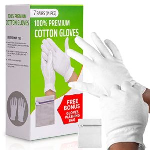 White Gloves Moisturizing Overnight Bedtime Cotton | White Inspection Premium Cloth Quality | Eczema Dry Sensitive Irritated Skin Spa Therapy Secure Wristband (100% Cotton, 7 Pairs)
