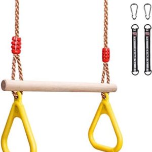 Morwealth Children's Playground Wood Trapeze Swing Bar with Plastic Rings Gym Rings Hanging up to a Load of 100kg for Kids (Yellow)