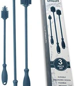 Long Silicone Bottle Brush - Professional Scratch Free Material, Silicone Handle with Firm Grip, Narrow Bottle Neck Cleaning (Blue)
