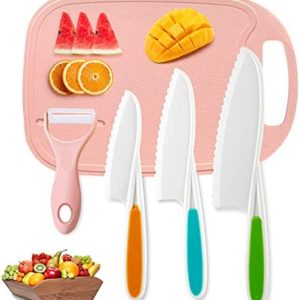 Kids Knifes Set,Nylon Knives Safe Baking Cutting Cooking Children's Beginners Cut Fruits Salad Veggies CakeFun Firm Grip Serrated Edges Friendly Childrens Knife With Cutting Board Peeler 5Pack (pink)