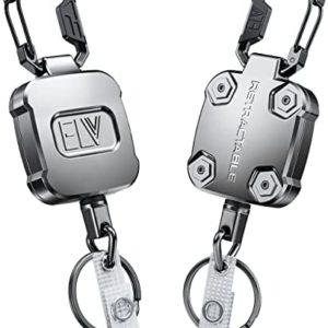 ELV Retractable ID Badge Holder, Heavy Duty Metal Body, Strong Cord, Carabiner and Key Chain, 28 inch Wire Extension, Hold Up to 15 Keys and Tools [1 Pack]