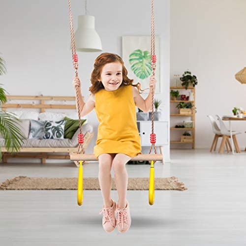 PELLOR Playground Children's Wooden Trapeze Swing Bar with Plastic Gym Rings Swing Set for Indoor & Outdoor Fun - Image 4