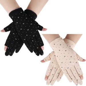 2 Pairs Sunblock Fingerless Gloves Touchscreen UV Protection Gloves Anti-Skid Driving Gloves Summer Outdoor Gloves for Women and Girls (Beige, Black)