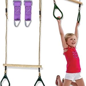 Trailblaze Weatherproof Kids Trapeze Bar with Rings | Wooden Swing Set Hanging Bar | 2 Buckle Straps for Ninja Warrior Obstacle Course | Trapeze Bar for Swing Set, in & Outdoor Trapeze Swing Bar