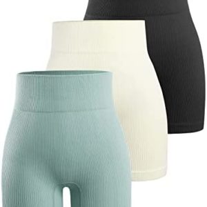 YNNTHY Women's 3 Piece Workout Shorts Yoga Seamless Ribbed High Waisted Spandex Booty Biker Shorts