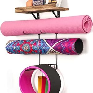 Yoga Mat Holder Wall Mount Yoga Mat Storage Home Gym Accessories with Wood Floating Shelves and 4 Hooks for Hanging Foam Roller and Resistance Bands at Fitness Class or Home Gym