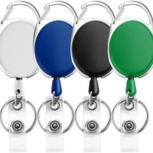 4 Pack Retractable Badge Reel with Carabiner Reel Clip Key Ring Heavy Duty Colorful Key Chain