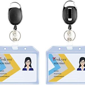 Teskyer 2 Pack Heavy Duty Retractable Badge Holders with Carabiner Reel Clip and Extra Thick Clear Name Tag ID Card Holders, Horizontal