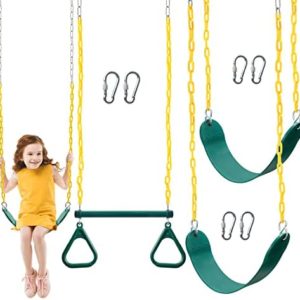 TURFEE 3 Pack Assorted Swing Set, Including 1 Gym Rings Trapeze Swing Bar and 2 Pcs Swings with Plastic Coated Chain, Swing Set Accessories Replacement for Kids Outdoor Play, Playground- Green
