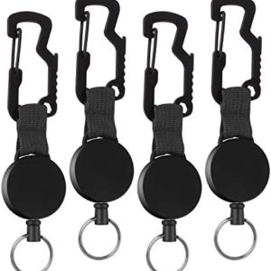4 Pack Retractable Key Chain, Heavy Duty ID Badge Holder Reel with Belt Clip, Steel Wire Cord and Key Ring, Multitool Carabiner Key Holder