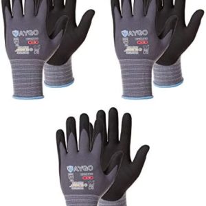 Safety Work Gloves MicroFoam Nitrile Coated-3 Pairs,KAYGO KG18NB,Seamless Knit Nylon Glove with Black Micro-Foam Nitrile Grip,Ideal for General Purpose,Automotive,Home Improvement