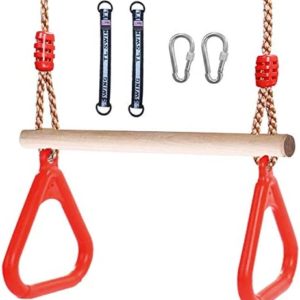 AIIAJJE Trapeze bar for Kids Trapeze Swing bar with Rings& Locking Carabiners for Indoor Jungle Gym Play Set and Outdoor Playground for Swingset ,Ninja line Backyard (Red)