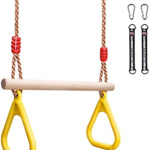 YOHOOLYO Children Trapeze Swing Bar with Rings Wooden Playset with Plastic Rings Gym Rings for Kids (Yellow)