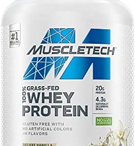 Grass Fed Whey Protein | MuscleTech Grass Fed Whey Protein Powder | Protein Powder for Muscle Gain | Growth Hormone Free, Non-GMO, Gluten Free | 20g Protein + 4.3g BCAA | Deluxe Vanilla, 1.8 lbs
