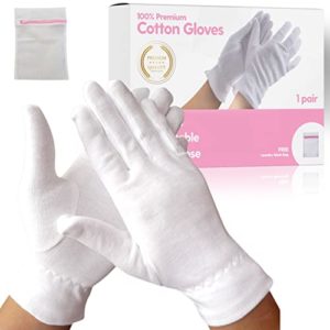 White Cotton Gloves for Sleeping, Cotton Gloves for Dry Hands, Moisturizing Gloves White Gloves with Fourchettes, Eczema Gloves for Overnight Sleeping, Lotion Gloves for Women/Men, 1 Pair