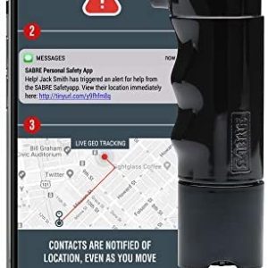 SABRE Smart Pepper Spray, Free Text Alerts and Continuous Location Tracking in Emergencies, Optional Professional Monitoring, 25 Bursts, Refill Canister Available, Rechargeable, Finger Grip, Key Ring