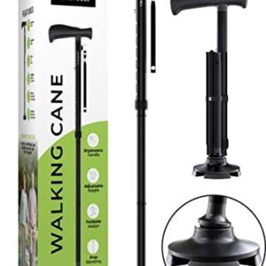 HONEYBULL Walking Cane for Men & Women - Free Standing Cane, Foldable, Pivot Tip, Heavy Duty, with Travel Bag | Walking Sticks, Canes for Seniors & Adults [Black]