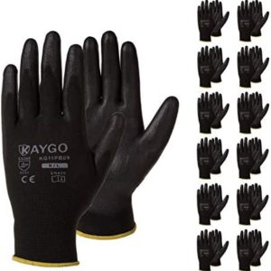 Safety Work Gloves PU Coated-12 Pairs,KAYGO KG11PB, Seamless Knit Glove with Polyurethane Coated Smooth Grip on Palm & Fingers, for Men and Women, Ideal for General Duty Work (Large, Black)