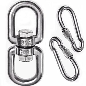 2+1 Heavy Duty 304 Stainless Steel Swivel Ring Double Ended Swivel Eye Hook with SUS304 Snap Hooks for Web Tree Swing, Therapy Swing, Aerial Dance, Swing Spinner Hanger, Reliable and Safe (M8)