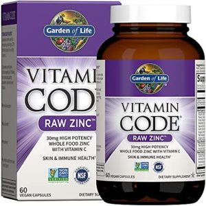 Garden of Life Vitamin Code Raw Vegan Zinc Capsules, 30mg High Potency Whole Food Supplement Plus Vitamin C, Trace Minerals & Probiotics for Skin Health & Immune Support, 60 Count