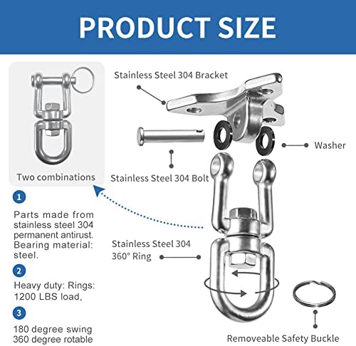 ROPECUBE 180°+ 360°Rotate Swing Hangers, 304 Stainless Steel for Maximum Load 1200lbs, Indoor Outdoor Swing Hardware for Tire Swing Kit Saucer Swing Playground Accessories Hammock Chair Swing (2PCS) - Image 2