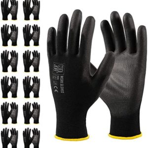 COOLJOB 12 Pairs Polyurethane (PU) Coated Working Gloves, Thin Safety Work Gloves with Grip, Bulk Pack, Black, Small S