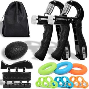Hand Grip Exerciser Strengthener Kit (10 Pack), Adjustable Hand Grip Strength Trainer with Counter, Grip Strength Ring, Finger Exerciser, Finger Stretcher & Stress Relief Grip Ball with Carry Bag for Athletes