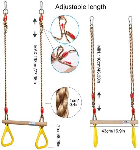 PELLOR Playground Children's Wooden Trapeze Swing Bar with Plastic Gym Rings Swing Set for Indoor & Outdoor Fun - Image 2