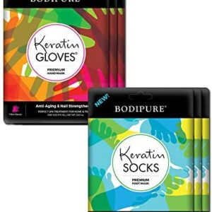BODIPURE Premium Keratin Gloves and Socks for Hydrating Dull Dry Hands and Cracked Heels – Callus Softening – Nail Strengthening – Skin Brightening and Nourishing – 3 Pairs ea. (3+3 Pack)