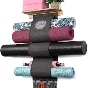 Yoga Mat Holder Wall Mount Yoga Mat Storage Rack with 3 Sizes Easy Access Pocket Wood Floating Shelves and 4 Hooks for Hanging Foam Roller Yoga Mats Yoga Block Resistance Bands Home Gym Accessories (Carbonized Black)