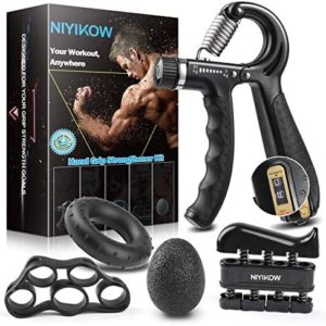 NIYIKOW Grip Strength Trainer Kit with Counter (5 Pack), Counting Grip Strength, Adjustable Hand Grip Strengthener, Finger Trainer, Finger Stretcher, Grip Ring & Stress Relief Grip Ball with Carry Bag
