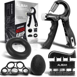 ALMAH Hand Grip Strengthener kit(5 Pack),Grip Strength Trainer,Forearm Workout Trainer Adjustable Hand Grip Exercise,Finger Strength Exerciser, Finger Stretcher, Grip Ring & Stress Relief Ball with Carry Bag