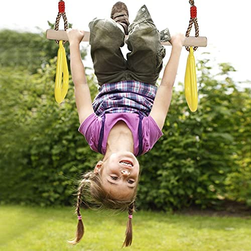 PELLOR Playground Children's Wooden Trapeze Swing Bar with Plastic Gym Rings Swing Set for Indoor & Outdoor Fun - Image 7