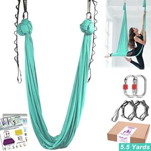 Aerial Yoga Hammock Kit -5.5 Yards Premium Aerial Silks Fabric with Hardware, Straps, Guide, Antigravity Yoga Inversion Exercises Flying Swing, Aerial Silk at Home for All Levels Starter (16.5 * 9ft)