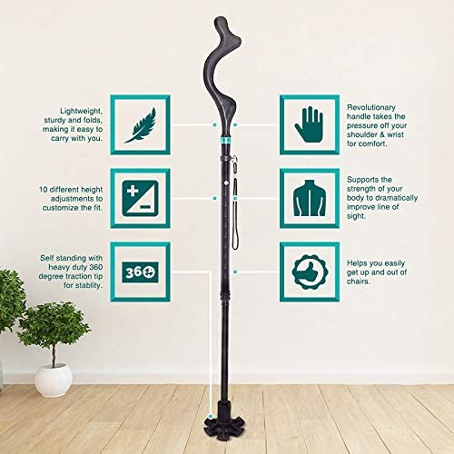 LabNovations Medical Posture Walking Cane, Portable Self-Standing 10 Height Lightweight Adjustable, Folding, Collapsible Hand Walking Stick for Men & Women. 360 Traction Tip - Image 3