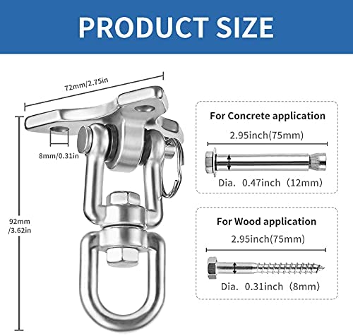 ROPECUBE 180°+ 360°Rotate Swing Hangers, 304 Stainless Steel for Maximum Load 1200lbs, Indoor Outdoor Swing Hardware for Tire Swing Kit Saucer Swing Playground Accessories Hammock Chair Swing (2PCS) - Image 3