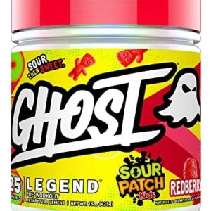 GHOST Legend Pre-Workout Energy Powder, Sour Patch Kids Redberry - 25 Servings - Caffeine, L-Citrulline, & Beta Alanine Blend for Energy Focus & Pumps - Free of Soy, Sugar & Gluten, Vegan