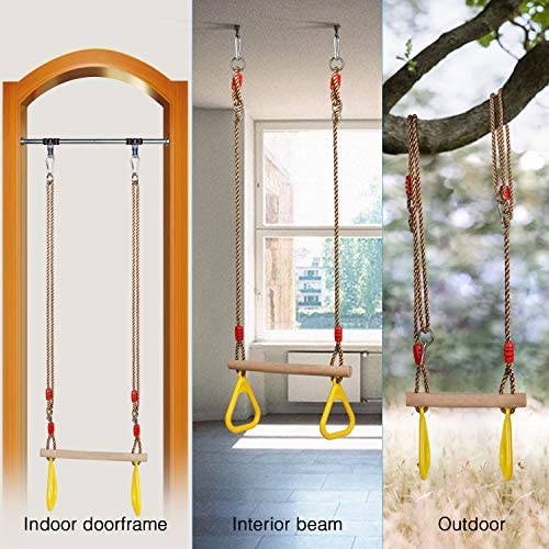 PELLOR Playground Children's Wooden Trapeze Swing Bar with Plastic Gym Rings Swing Set for Indoor & Outdoor Fun - Image 5
