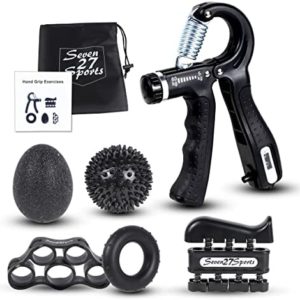 Seven27Sports Hand Grip Strengthener Kit (6 Pieces) – Grip Strength Trainer Massage Ball, Adjustable Hand Gripper Forearm Strengthener w/ Counter, Stress Relief Hand Exerciser Ball, O-Ring Grip Trainer, Multi Finger Exerciser & Hand Strengthener