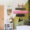 Yoga Mat Holder Wall Mount Yoga Mat Storage Home Gym Accessories with Wood Floating Shelves and 4 Hooks for Hanging Foam Roller and Resistance Bands at Fitness Class or Home Gym - Image 6