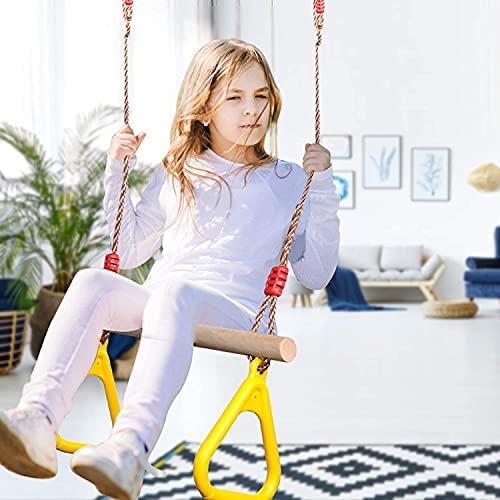 PELLOR Playground Children's Wooden Trapeze Swing Bar with Plastic Gym Rings Swing Set for Indoor & Outdoor Fun - Image 6