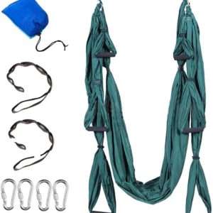 Anti-Gravity Aerial Yoga Hammock Swing – Six Handles Sling Pilates Set Kit Include Steel Carabiners Extension Straps No Ceiling Hanging Mount for Home & Gym Fitness