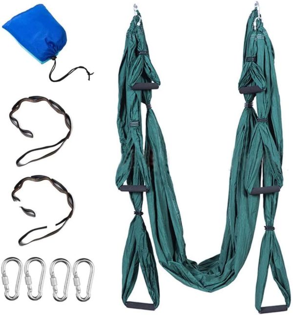Anti-Gravity Aerial Yoga Hammock Swing – Six Handles Sling Pilates Set Kit Include Steel Carabiners Extension Straps No Ceiling Hanging Mount for Home & Gym Fitness