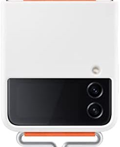 SAMSUNG Galaxy Z Flip 4 Silicone Strap Cover, Protective Phone Case with Finger Grip, Matte Finish, Soft Surface, Handheld Design, US Version, White