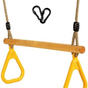 YAERSI Wooden Trapeze with Plastic Gym Rings Trapeze Swing Bar with Adjustable Rope for Indoor Playground 2 in 1 Swing Set